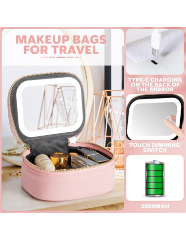 Bolsa de Maquillaje Pequeña Rosa con Espejo LED 3 Modos