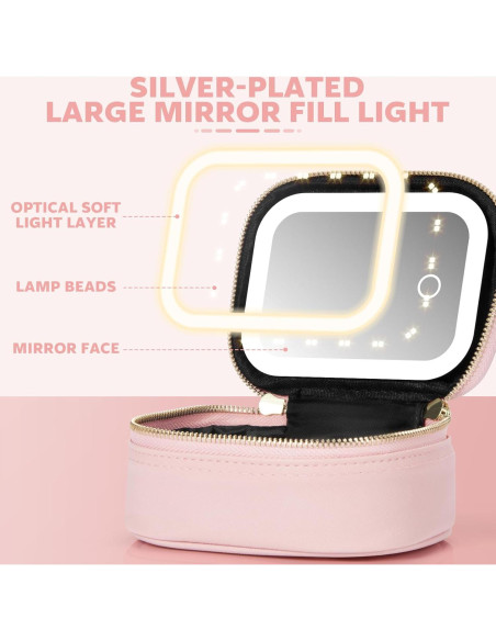 Bolsa de Maquillaje Pequeña Rosa con Espejo LED 3 Modos
