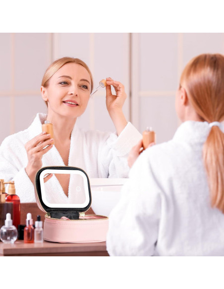 Bolsa de Maquillaje Pequeña Rosa con Espejo LED 3 Modos