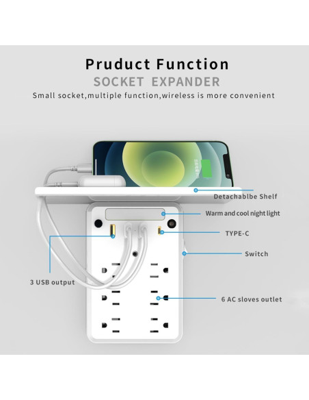 Extensor de Enchufe de Pared Preliminark 9 en 1 con Estante