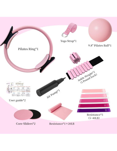 Kit de Pilates VNNYEOZ Rosa - Anillo, Pelota, Pesas y Bandas
