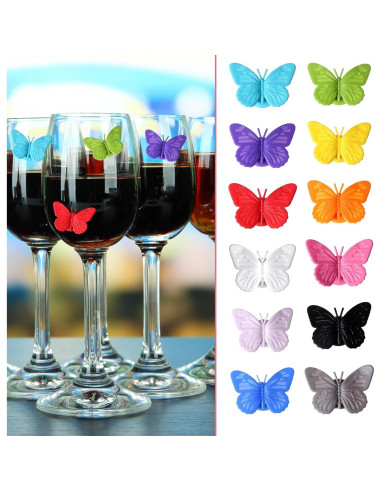 12 Marcadores de Copas de Vino Mariposa Silicona Nogeqi