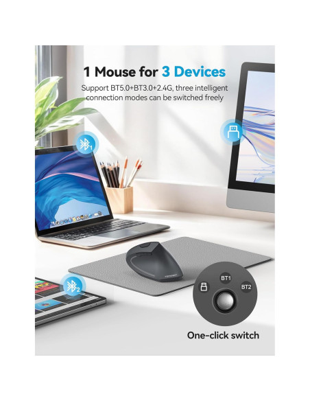 Ratón Ergonómico TECKNET Recargable Inalámbrico 6 DPI Gris