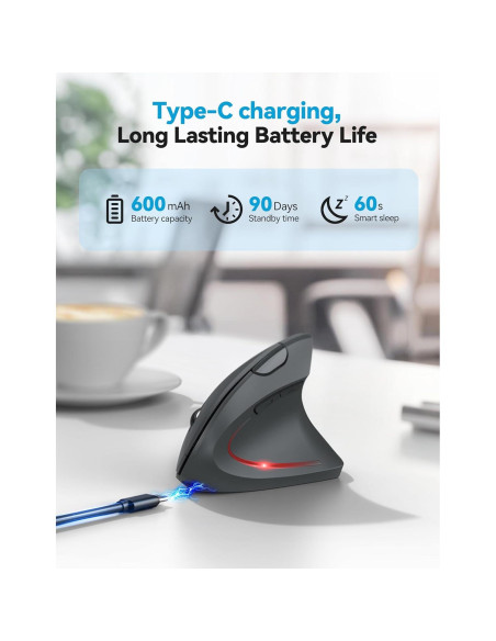 Ratón Ergonómico TECKNET Recargable Inalámbrico 6 DPI Gris