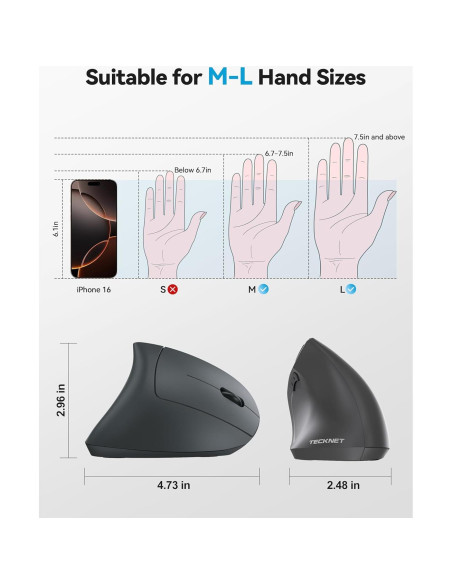 Ratón Ergonómico TECKNET Recargable Inalámbrico 6 DPI Gris