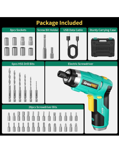 Destornillador Eléctrico GRENPRO 3.6V con 44 Accesorios
