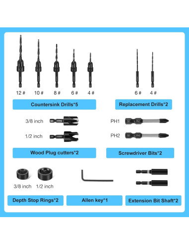 Juego de Brocas Avellanadas para Madera 16 PCS FACAINCXS