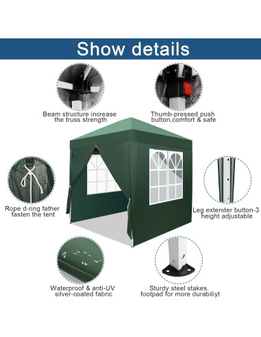 Gazebo Plegable Bonnlo 2m x 2m Verde con Paredes Laterales