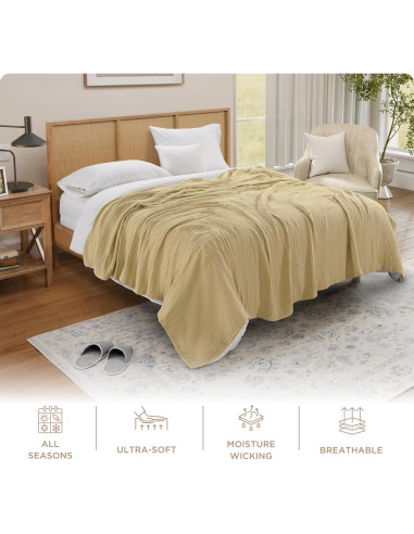 Manta de Muselina Threadmill Queen 100% Algodón Beige 4 Capas