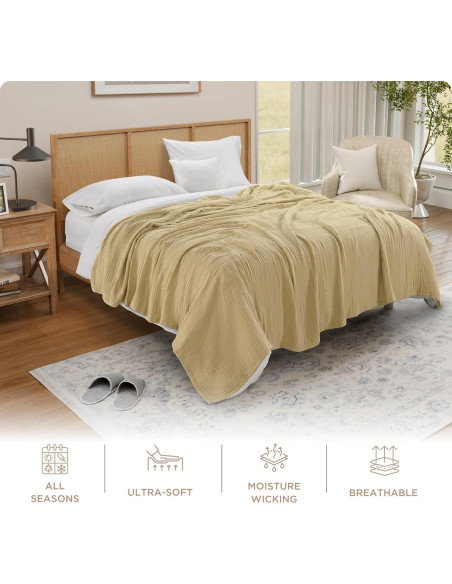 Manta de Muselina Threadmill Queen 100% Algodón Beige 4 Capas