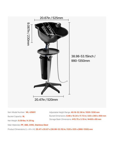 Lavabo de Champú Portátil VEVOR Ajustable con Ducha y Drenaje