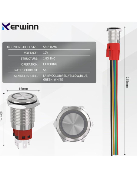 Interruptor pulsador 16mm KERWINN 12V 1NO 1NC con luz