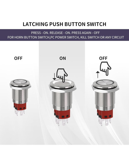 Interruptor pulsador 16mm KERWINN 12V 1NO 1NC con luz