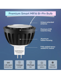 Bombilla LED MR16 Gardencoin 6W RGBW GU5.3 Control WiFi 6 Pzas 2