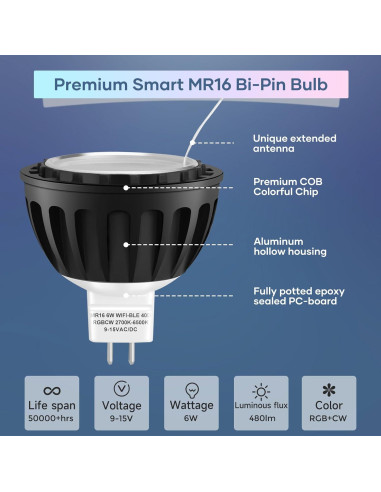 Bombilla LED MR16 Gardencoin 6W RGBW GU5.3 Control WiFi 6 Pzas