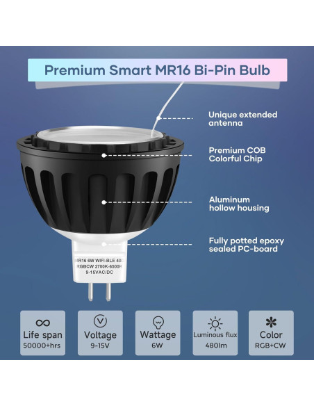 Bombilla LED MR16 Gardencoin 6W RGBW GU5.3 Control WiFi 6 Pzas