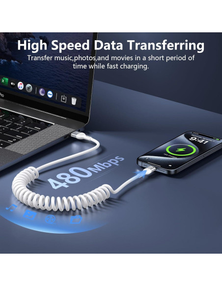 Cable USB C Enrollado 1.5m Blanco para Samsung Galaxy A56