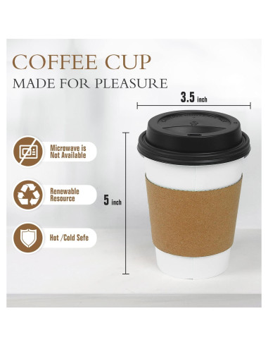 Vasos de Papel Desechables Ginkgo 100 Unidades 12 oz con Tapas