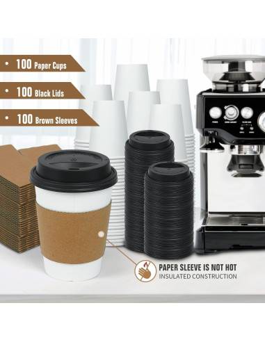 Vasos de Papel Desechables Ginkgo 100 Unidades 12 oz con Tapas