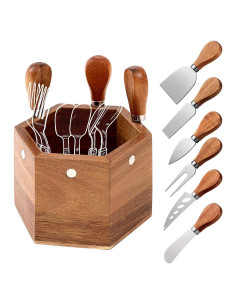 Juego de Cuchillos para Queso Hushee 6 Pcs con Soporte de Madera