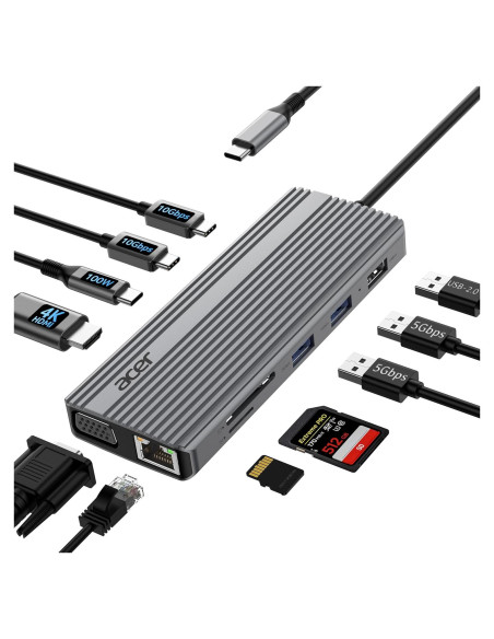 Adaptador Multiport USB C HUB Acer 11 en 1 HDMI 4K VGA 1080P