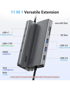 Adaptador Multiport USB C HUB Acer 11 en 1 HDMI 4K VGA 1080P 2