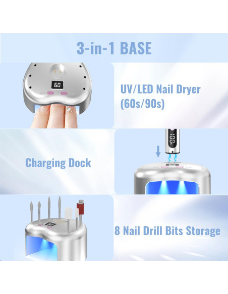 Taladro de Uñas Eléctrico Denabuty DN-2602S 35000RPM con Lámpara UV