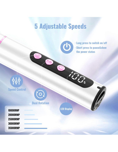 Taladro de Uñas Eléctrico Denabuty DN-2602S 35000RPM con Lámpara UV