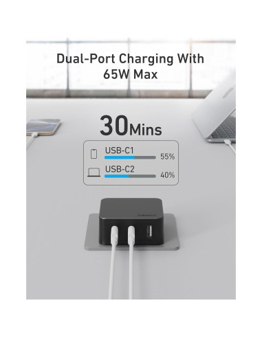 Cargador USB C Nekmit 67W Rápido 3 Puertos GaN Negro