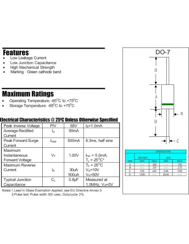 30 Diodos Schottky 1N34A ALLECIN 50mA 65V DO-7