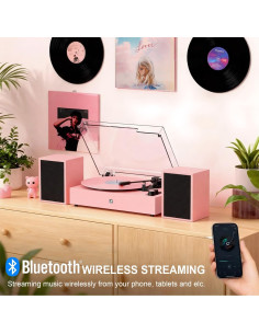 Reproductor de Vinilo Bluetooth Rosa con Altavoces Externos 30W 2