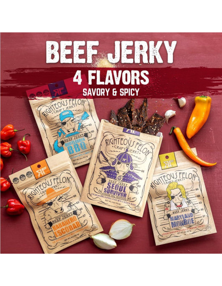 Paquete de Beef Jerky Picante Righteous Felon - 4 Sabores