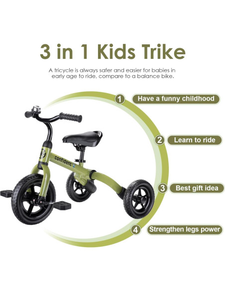 Triciclo 3 en 1 YGJT Verde Militar para Niños 2-5 Años