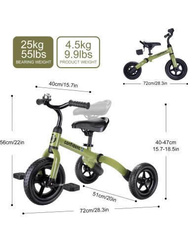 Triciclo 3 en 1 YGJT Verde Militar para Niños 2-5 Años
