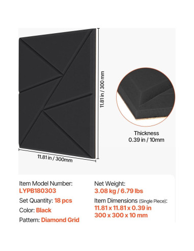Paneles Acústicos VEVOR 18 Piezas 30x30cm Negro Aislantes