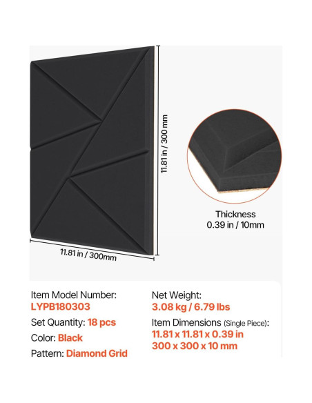 Paneles Acústicos VEVOR 18 Piezas 30x30cm Negro Aislantes