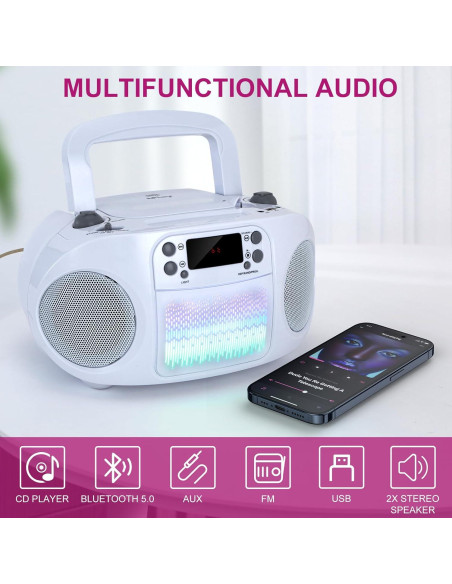 Boombox hPlay GC09 para Niños - Reproductor CD, Bluetooth, USB, Radio - Blanco