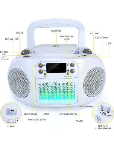 Boombox hPlay GC09 para Niños - Reproductor CD, Bluetooth, USB, Radio - Blanco