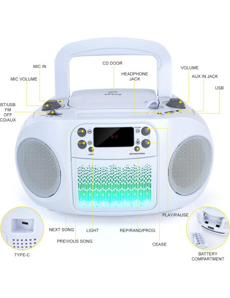 Boombox hPlay GC09 para Niños - Reproductor CD, Bluetooth, USB, Radio - Blanco