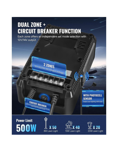 Transformador de Iluminación de Paisaje WILAWELS 500W 2 Zonas