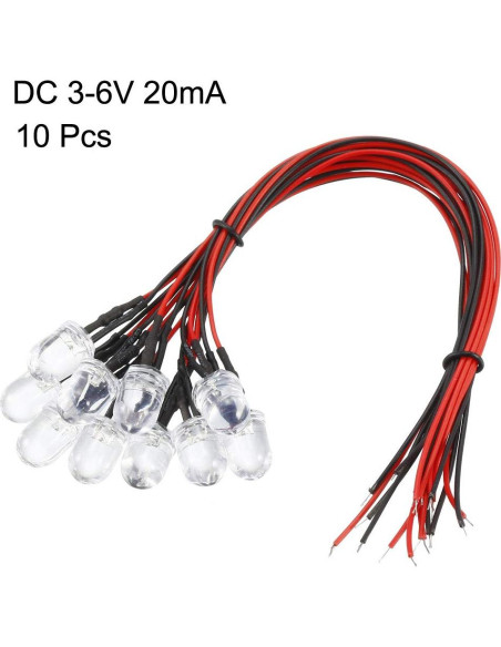 10 Piezas LED Pre Cableados 10mm Rojo uxcell DC 3-6V