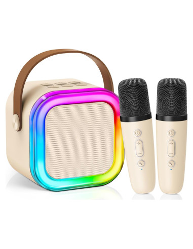 Mini Máquina de Karaoke CscyyAmz Beige con 2 Micrófonos Inalámbricos