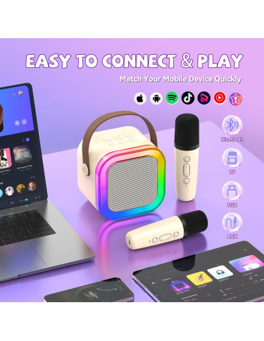 Mini Máquina de Karaoke CscyyAmz Beige con 2 Micrófonos Inalámbricos