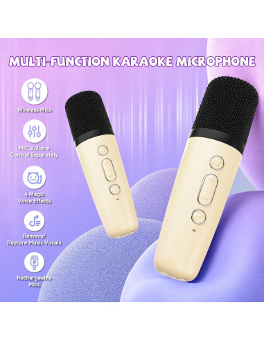 Mini Máquina de Karaoke CscyyAmz Beige con 2 Micrófonos Inalámbricos