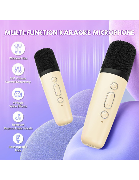 Mini Máquina de Karaoke CscyyAmz Beige con 2 Micrófonos Inalámbricos
