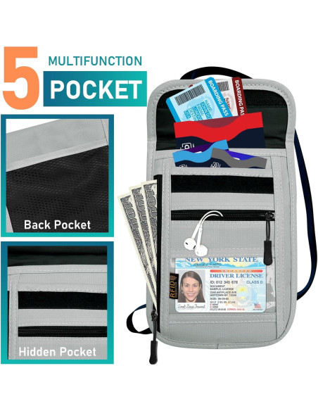 Bolsillo de Cuello Antirrobo RFID Gris para Viajes - Unisex