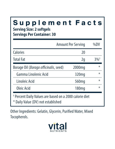Aceite de Borraja Vital Nutrients 1000mg - 60 Gelatinas Blandas