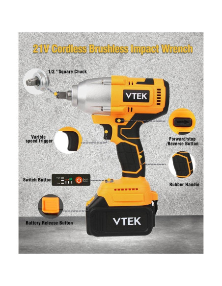 Llave de impacto inalámbrica VTEK 700N.m 1/2" - 3 en 1