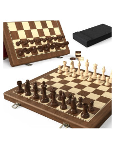 Juego de Ajedrez y Damas Plegable de Madera Magnética 38cm