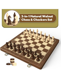 Juego de Ajedrez y Damas Plegable de Madera Magnética 38cm 2